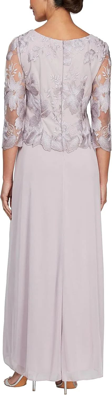 Alex Evenings Women's 3/4 Sleeve Stretch Lace Bodice Mock One Piece Gown