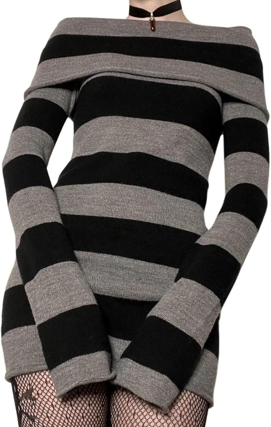 Aopwsrlyi Women's Stripped Long Sleeve Sweater Dress Y2K Off Shoulder Slash Neck Knit Bodycon Mini Dress