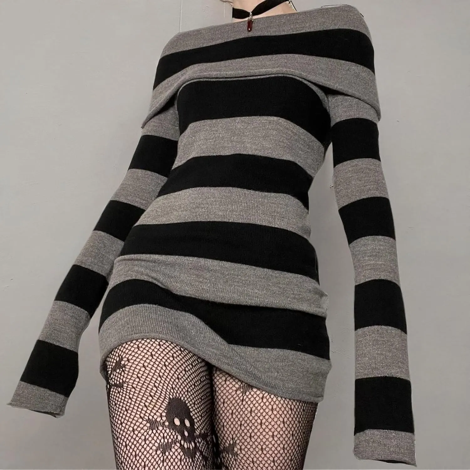 Aopwsrlyi Women's Stripped Long Sleeve Sweater Dress Y2K Off Shoulder Slash Neck Knit Bodycon Mini Dress