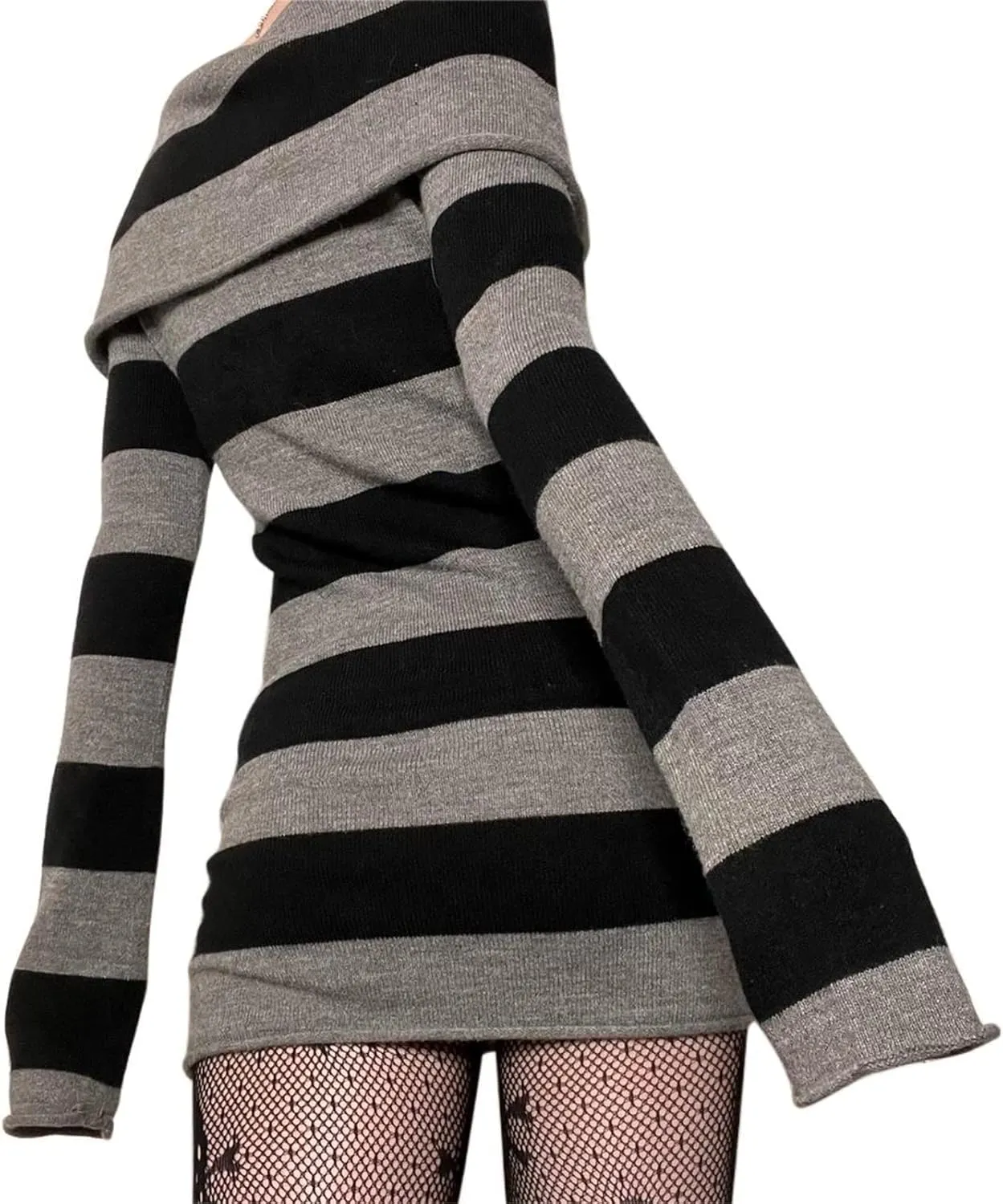 Aopwsrlyi Women's Stripped Long Sleeve Sweater Dress Y2K Off Shoulder Slash Neck Knit Bodycon Mini Dress