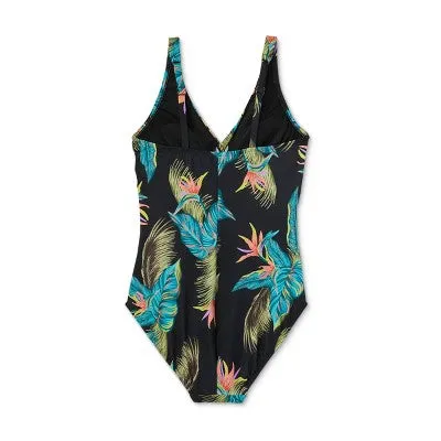 Aqua Green Shape   Style Women's Ruched One Piece Swimsuit V-Neck UPF 50 