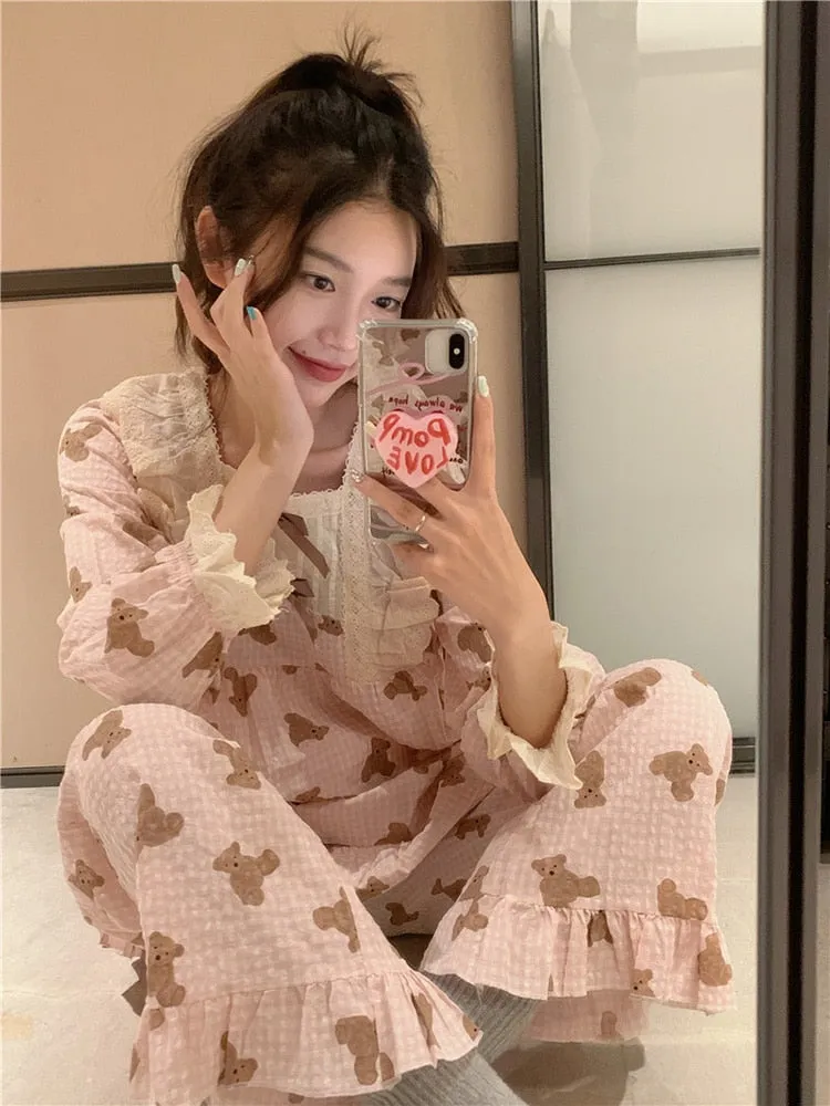 Cartoon Bear Print Lace Cute Sleepwear Sweet Home Long Sleeve Pajama Set Women Girlish Style Princess Loose Casual Sleep Tops