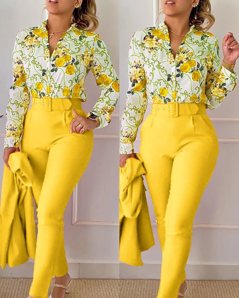 Casual Long Sleeve Shirt Pants Set Office Lady Fashion Elegant V Neck Floral Print Trousers Two Piece Set Women Outfit