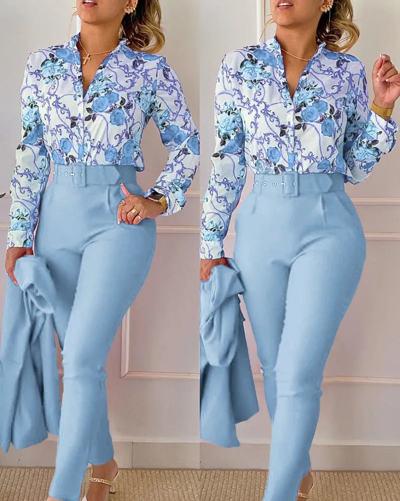 Casual Long Sleeve Shirt Pants Set Office Lady Fashion Elegant V Neck Floral Print Trousers Two Piece Set Women Outfit
