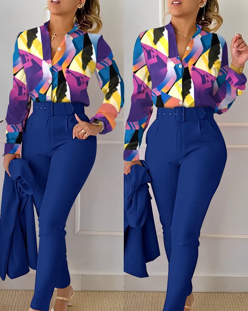 Casual Long Sleeve Shirt Pants Set Office Lady Fashion Elegant V Neck Floral Print Trousers Two Piece Set Women Outfit