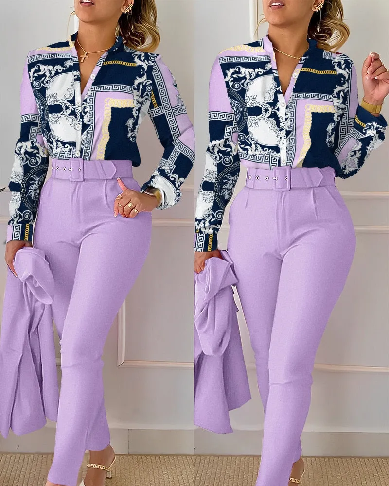 Casual Long Sleeve Shirt Pants Set Office Lady Fashion Elegant V Neck Floral Print Trousers Two Piece Set Women Outfit