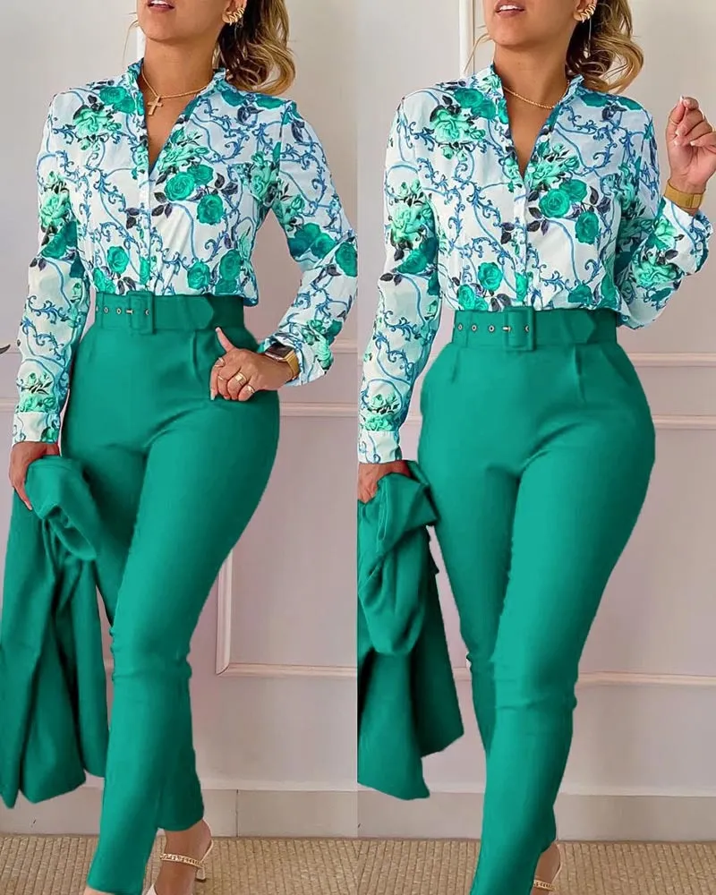 Casual Long Sleeve Shirt Pants Set Office Lady Fashion Elegant V Neck Floral Print Trousers Two Piece Set Women Outfit
