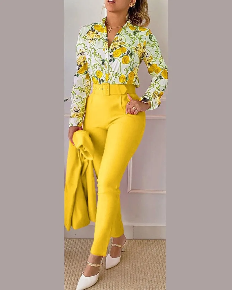 Casual Long Sleeve Shirt Pants Set Office Lady Fashion Elegant V Neck Floral Print Trousers Two Piece Set Women Outfit