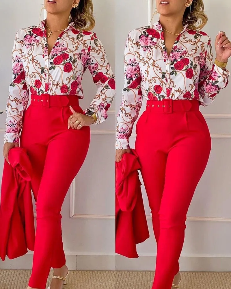 Casual Long Sleeve Shirt Pants Set Office Lady Fashion Elegant V Neck Floral Print Trousers Two Piece Set Women Outfit