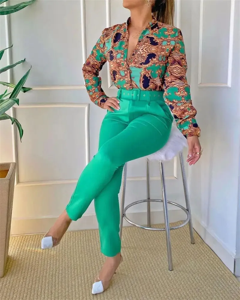 Casual O-Neck Long Sleeve Shirt Pants Set Office Lady Elegant Floral Print Tops Solid Pants Two Piece Set Women Outfit