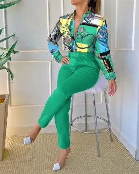 Casual O-Neck Long Sleeve Shirt Pants Set Office Lady Elegant Floral Print Tops Solid Pants Two Piece Set Women Outfit