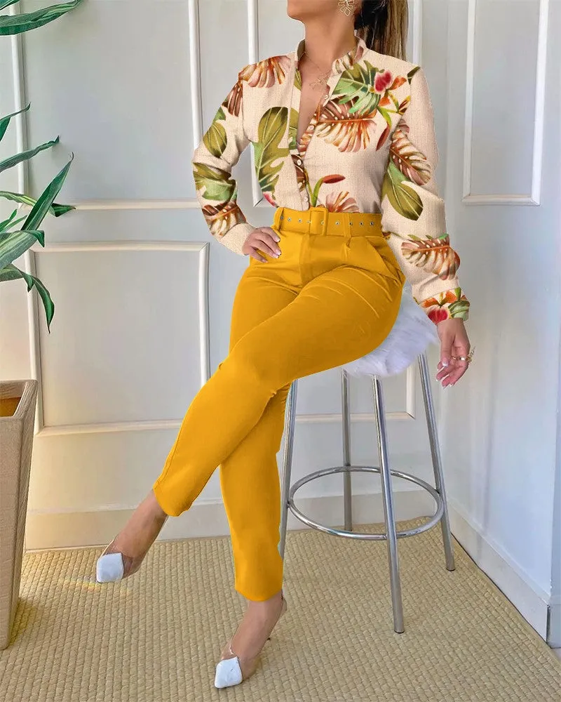 Casual O-Neck Long Sleeve Shirt Pants Set Office Lady Elegant Floral Print Tops Solid Pants Two Piece Set Women Outfit