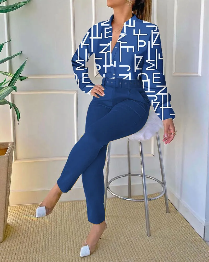 Casual O-Neck Long Sleeve Shirt Pants Set Office Lady Elegant Floral Print Tops Solid Pants Two Piece Set Women Outfit