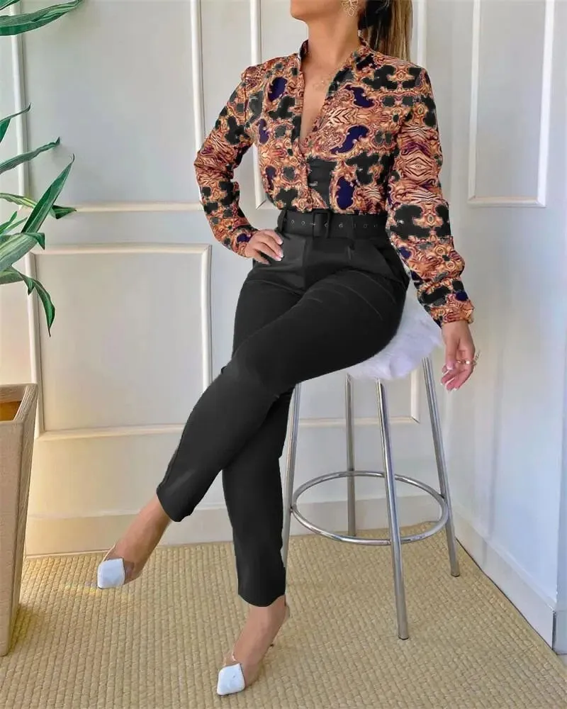 Casual O-Neck Long Sleeve Shirt Pants Set Office Lady Elegant Floral Print Tops Solid Pants Two Piece Set Women Outfit