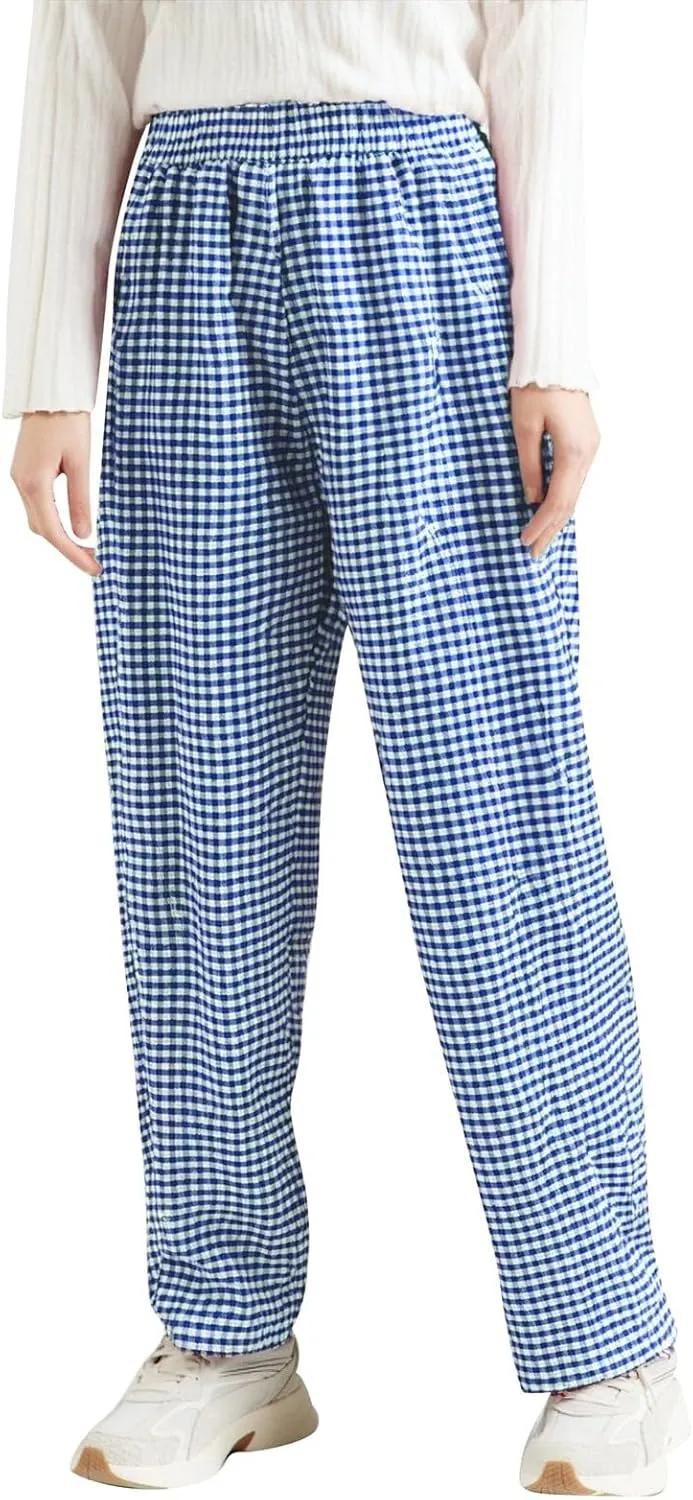 Casual Pants for Women Straight Leg Elastic Waisted Plaid Printed Trousers Trendy Baggy Comfortable Pants with Pockets