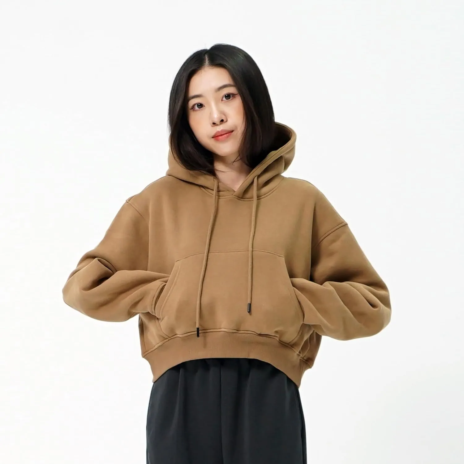 Cropped Hoodie for Women - Winter Fleece Pullover Sweatshirt, Casual Long Sleeve Top Short Hoodie