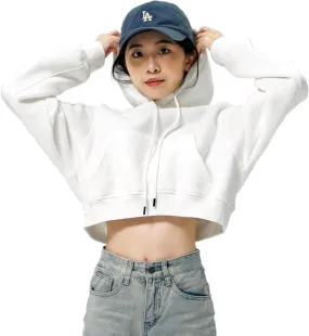 Cropped Hoodie for Women - Winter Fleece Pullover Sweatshirt, Casual Long Sleeve Top Short Hoodie