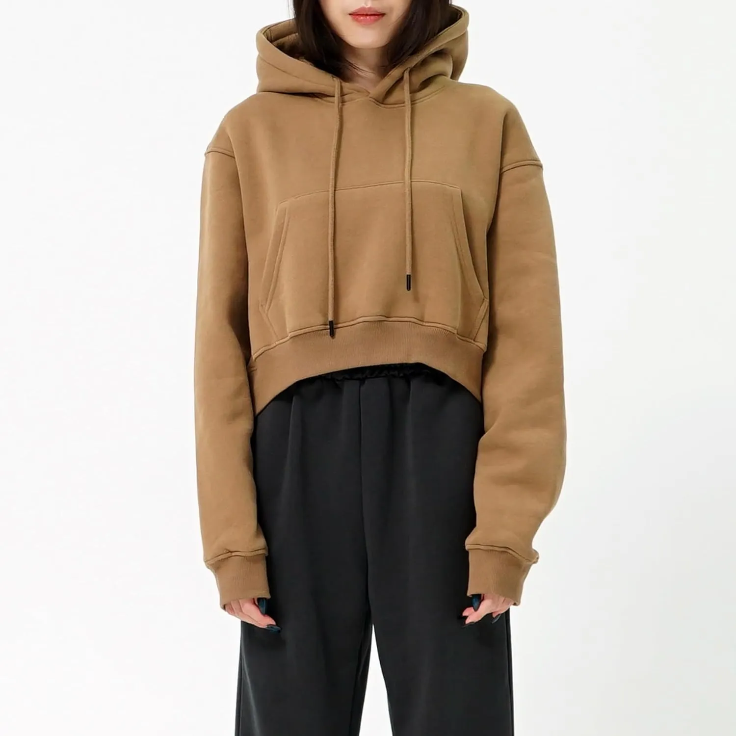 Cropped Hoodie for Women - Winter Fleece Pullover Sweatshirt, Casual Long Sleeve Top Short Hoodie