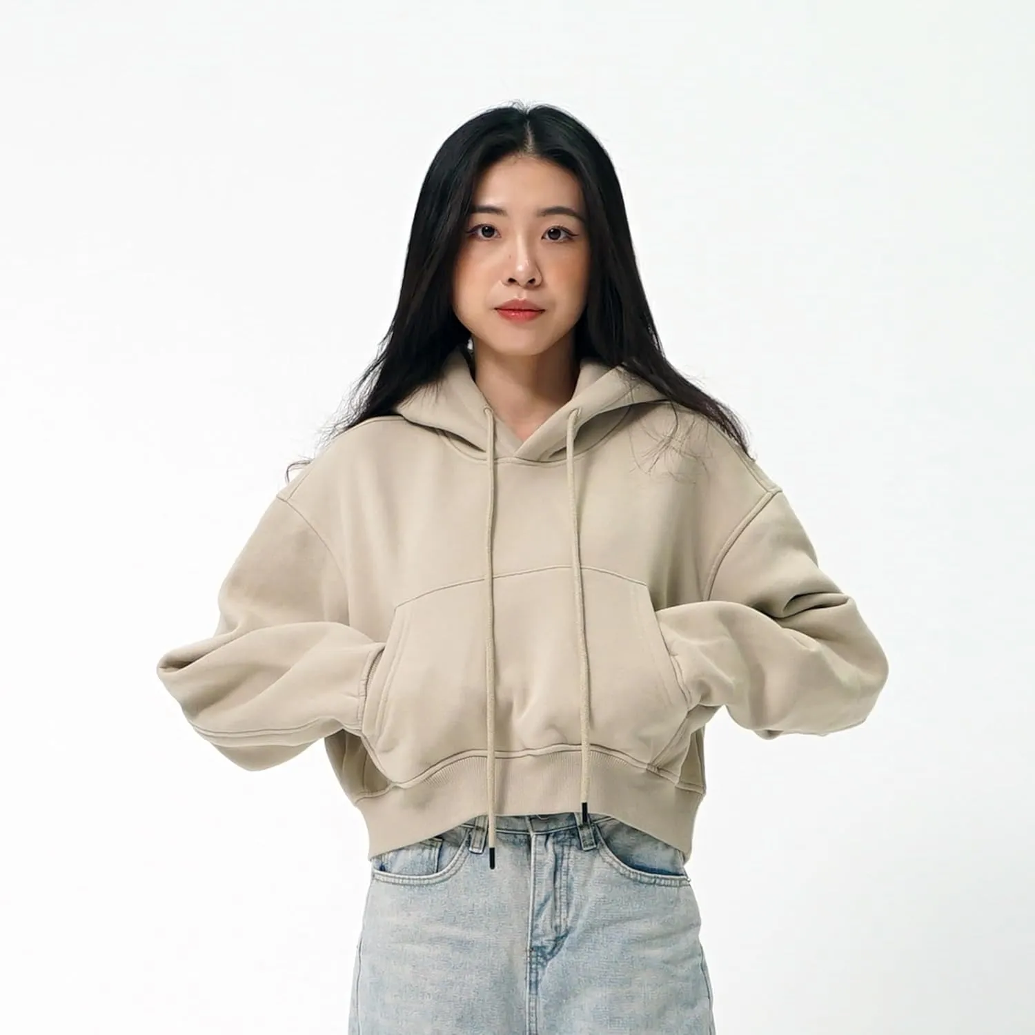 Cropped Hoodie for Women - Winter Fleece Pullover Sweatshirt, Casual Long Sleeve Top Short Hoodie