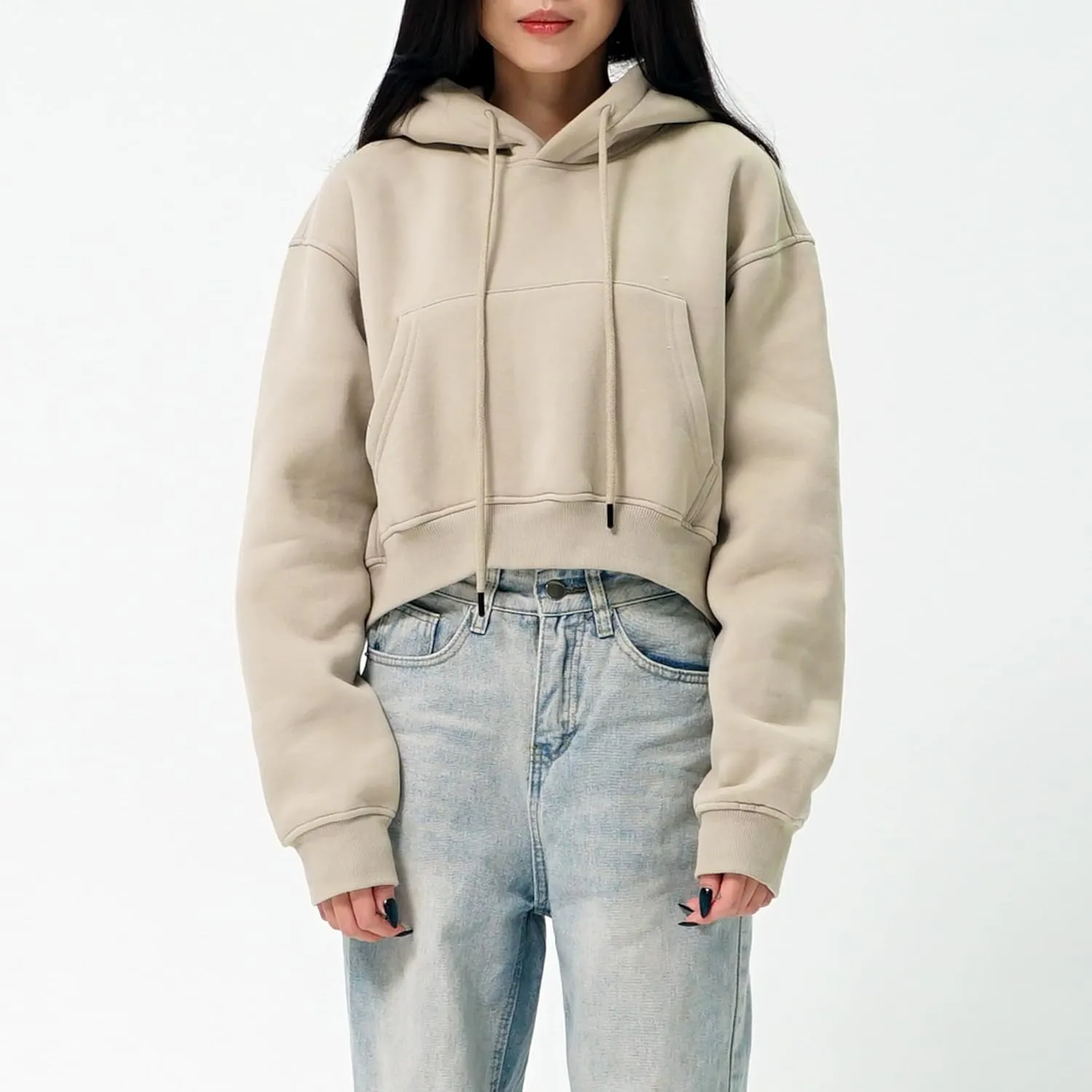 Cropped Hoodie for Women - Winter Fleece Pullover Sweatshirt, Casual Long Sleeve Top Short Hoodie