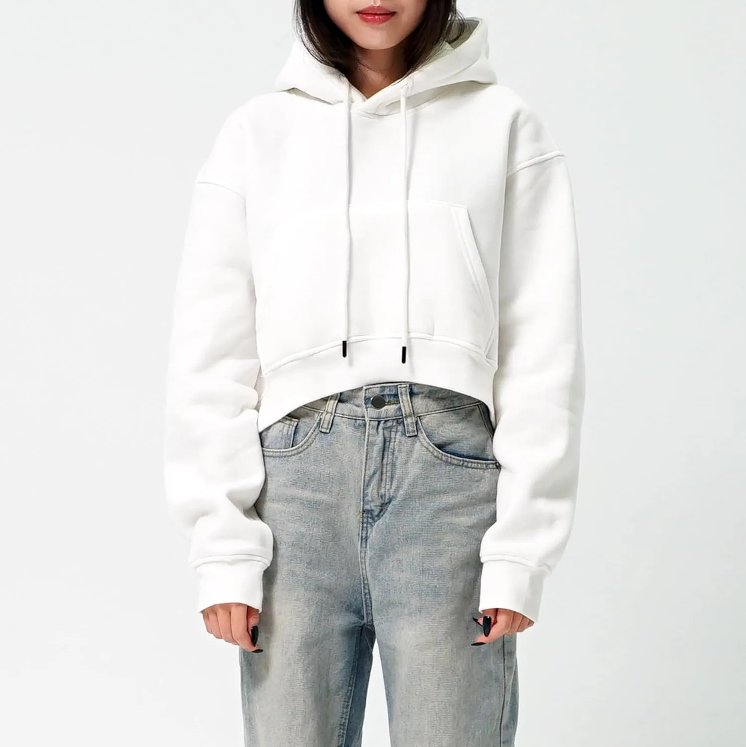 Cropped Hoodie for Women - Winter Fleece Pullover Sweatshirt, Casual Long Sleeve Top Short Hoodie