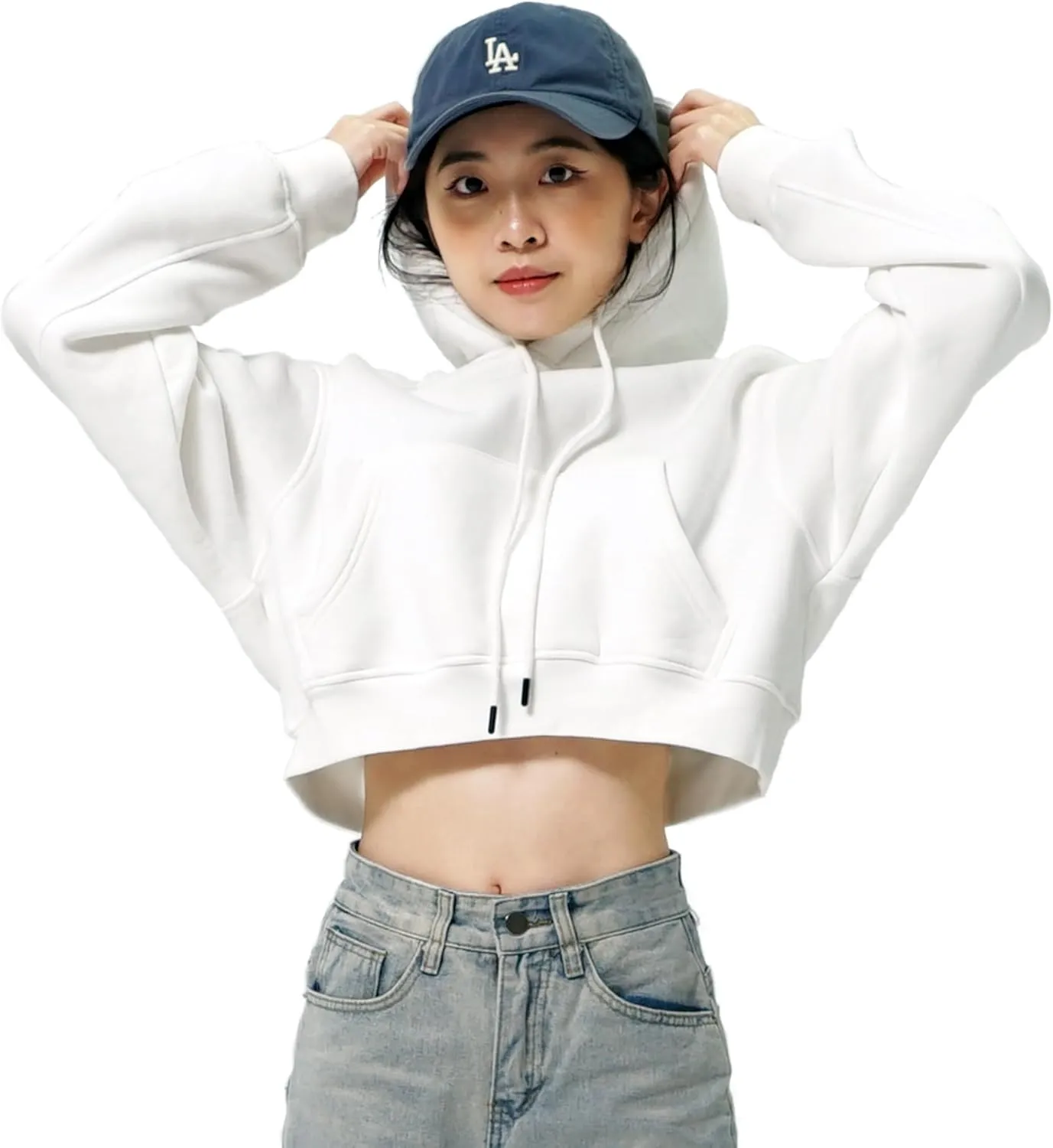 Cropped Hoodie for Women - Winter Fleece Pullover Sweatshirt, Casual Long Sleeve Top Short Hoodie