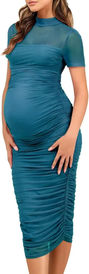 Dedysler Maternity Mesh Bodycon Dress for Baby Shower Sexy Mock Neck Long Casual Pregnancy Clothes with Back Zipper