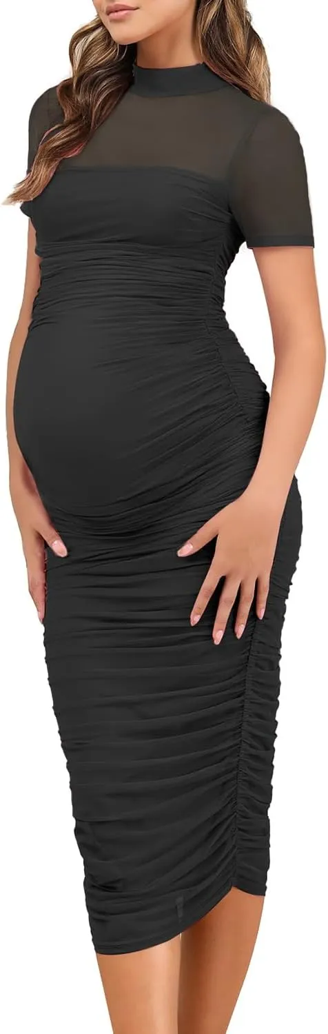 Dedysler Maternity Mesh Bodycon Dress for Baby Shower Sexy Mock Neck Long Casual Pregnancy Clothes with Back Zipper