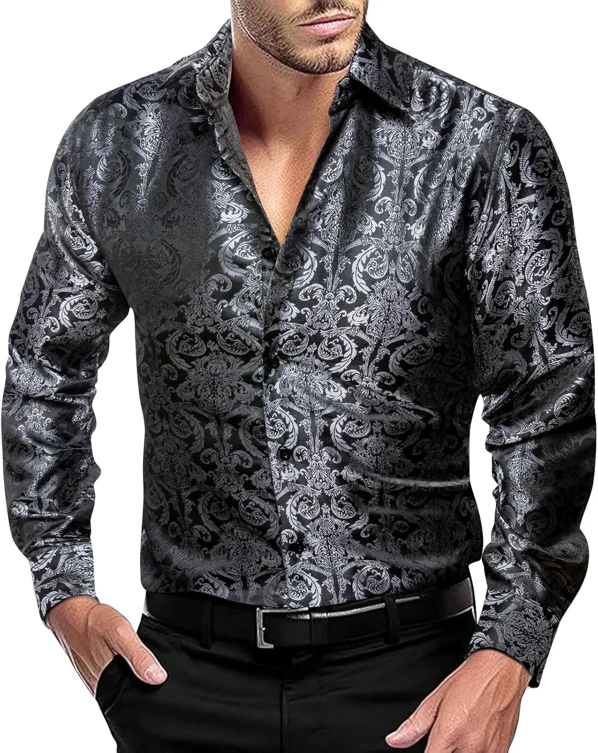 Dubulle Solid Mens Dress Shirt Satin Long Sleeve Business Casual Button Down Shirt with Pocket for Men