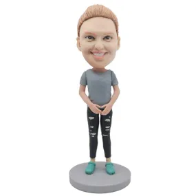 Female In Light Blue T-shirt And Ripped Pants Custom Figure Bobblehead