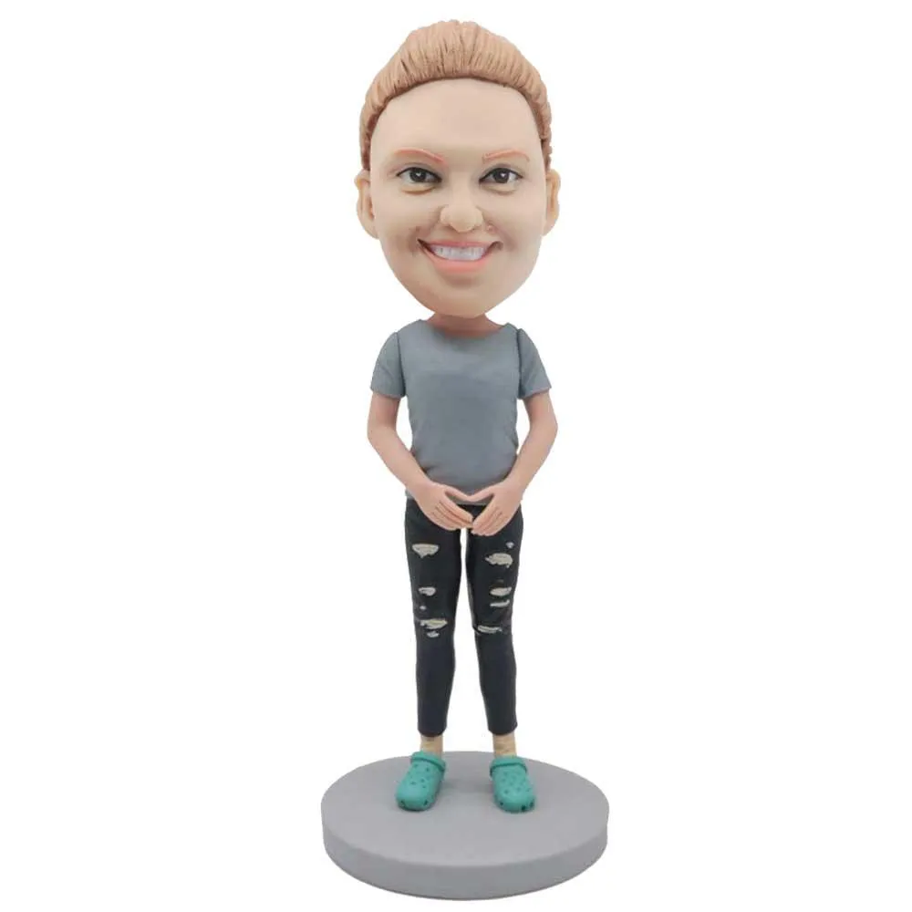 Female In Light Blue T-shirt And Ripped Pants Custom Figure Bobblehead