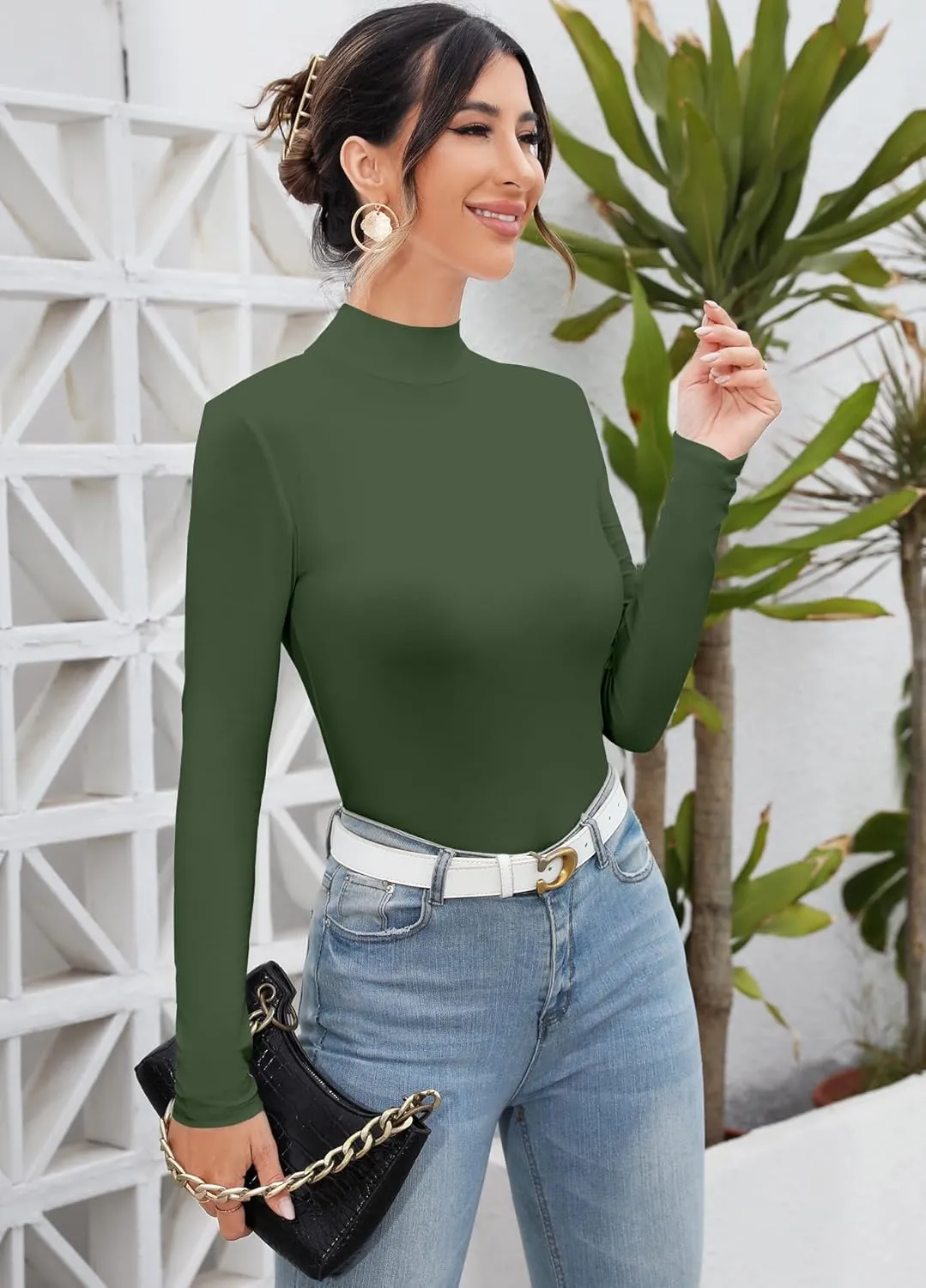 FOUGEDE Women's Mock Turtleneck Long Sleeve/Sleeveless/Half Sleeve/Short Sleeve/Crop Top Basic Fitted Stretch Slim Tops