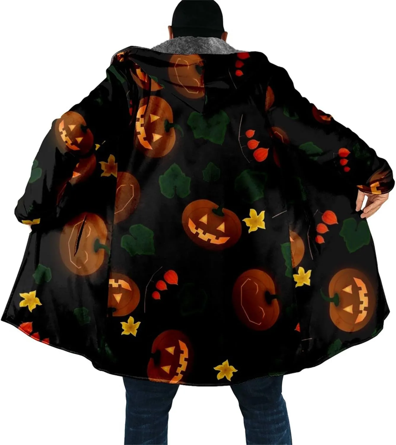 Halloween Hoodies For Men, Men's Halloween Print Velvet Thickened Long Jacket Casual Large Size Zipper Coat