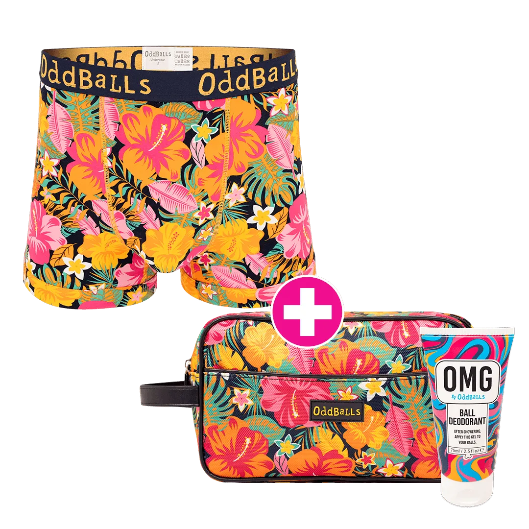 Hibiscus Grooming Set Bundle - Mens Boxer Shorts, Wash Bag & Ball Deodorant Bundle