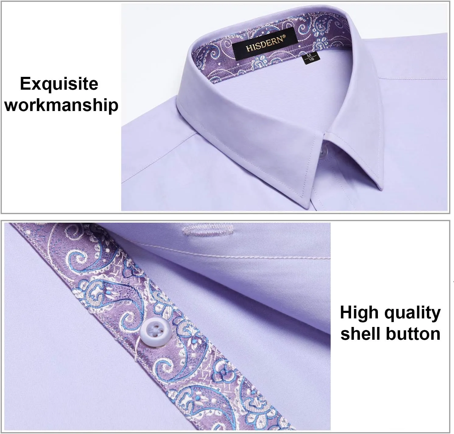 HISDERN Mens Business Dress Shirts Long Sleeve Casual Button Down Shirt Formal Inner Collar Contrast Shirt for Men Wedding