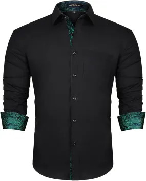 HISDERN Mens Business Dress Shirts Long Sleeve Casual Button Down Shirt Formal Inner Collar Contrast Shirt for Men Wedding