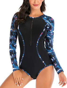 LafyKoly Women's One Piece Long Sleeve Rash Guard UV Protection Printed Surfing Swimsuit Swimwear Bathing Suit