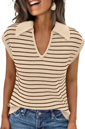 LILLUSORY Women's V Neck Cap Sleeve Sweater Vest Sleeveless Collared Striped Knit Tank Tops 2025 Casual Trendy Outfits