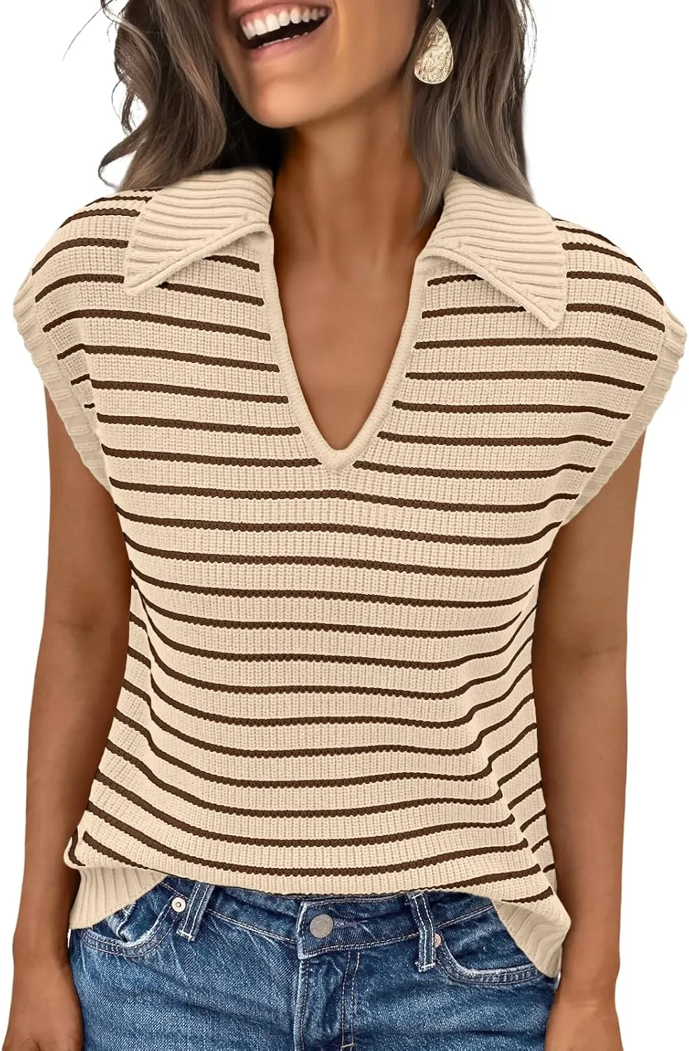 LILLUSORY Women's V Neck Cap Sleeve Sweater Vest Sleeveless Collared Striped Knit Tank Tops 2025 Casual Trendy Outfits