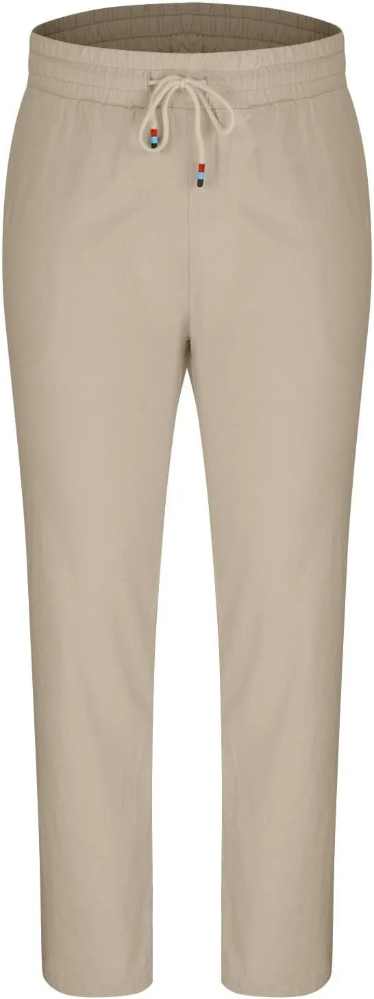 Linen Pants Men Slim Fit Drawstring Elastic Waist Trousers Summer Comfortable Beach Pants with Pockets Full Length