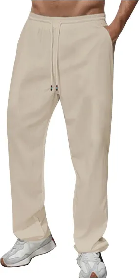 Linen Pants Men Slim Fit Drawstring Elastic Waist Trousers Summer Comfortable Beach Pants with Pockets Full Length