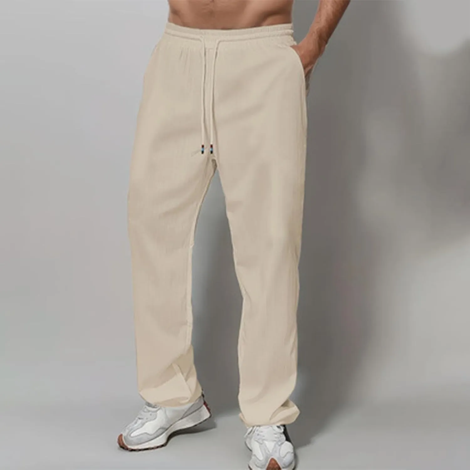 Linen Pants Men Slim Fit Drawstring Elastic Waist Trousers Summer Comfortable Beach Pants with Pockets Full Length