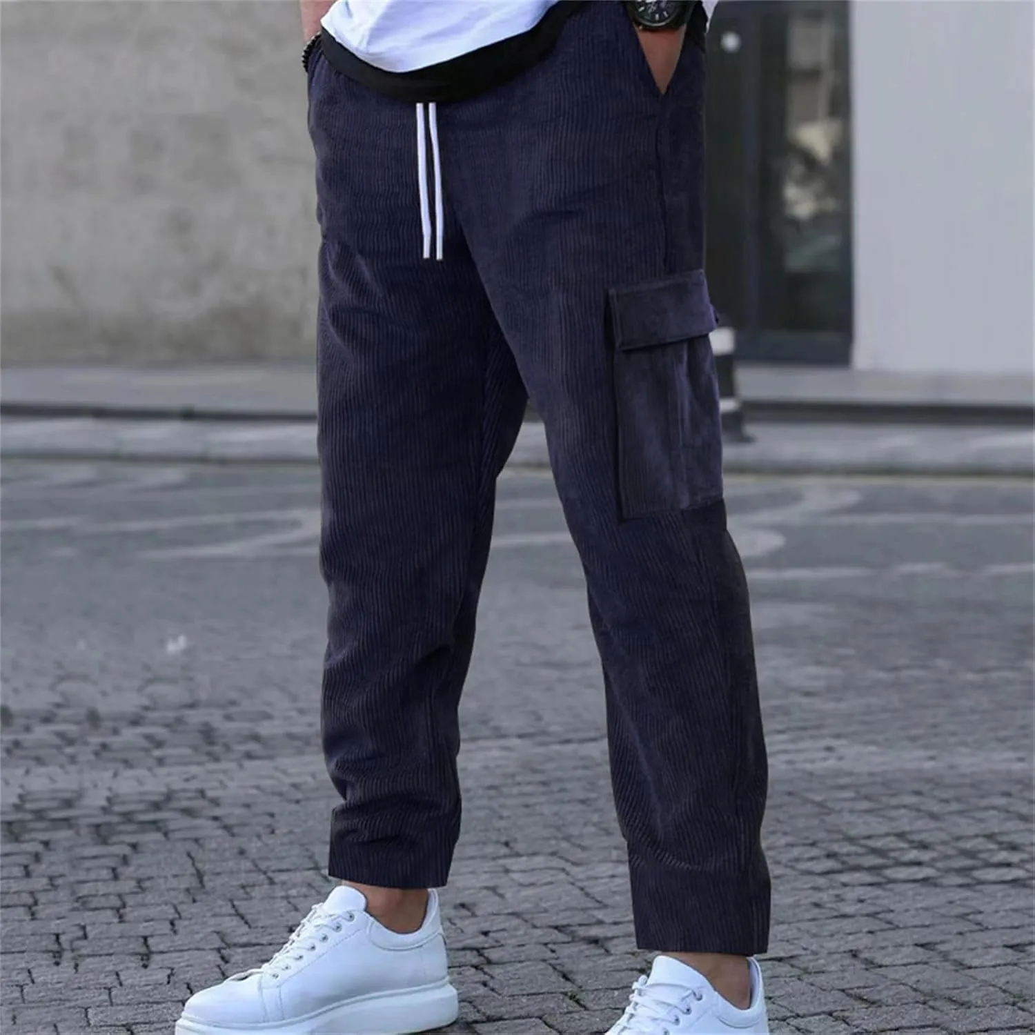 Men's Comfortable Casual Pants Corduroy Waffle Knit Elastic Waist Drawstring for Easy Pull On Streetwear