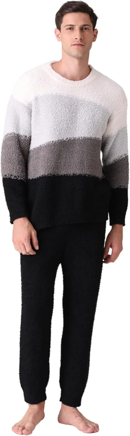 Men's Fleece Lounge Pajama Set - Includes Pants and Top, Elastic Fabric, Warm, Cloudlike Softness, Skin-Friendly Comfort, Grey and White.