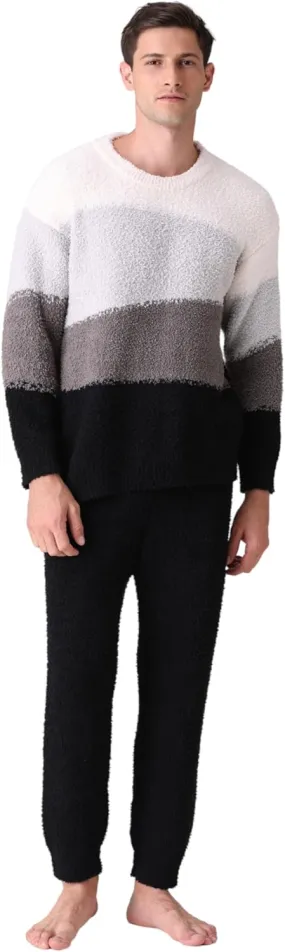 Men's Fleece Lounge Pajama Set - Includes Pants and Top, Elastic Fabric, Warm, Cloudlike Softness, Skin-Friendly Comfort, Grey and White.