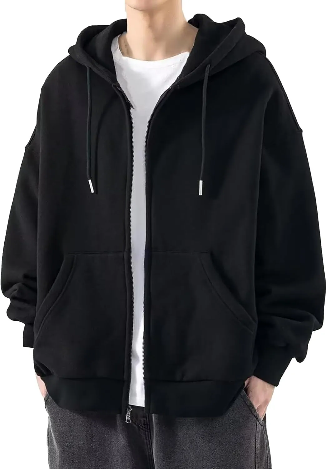 Men's Zip Up Hoodie Solid Colour Long Sleeve Casual Jacket Athletic Drawstring Hooded Sweatshirt Tops