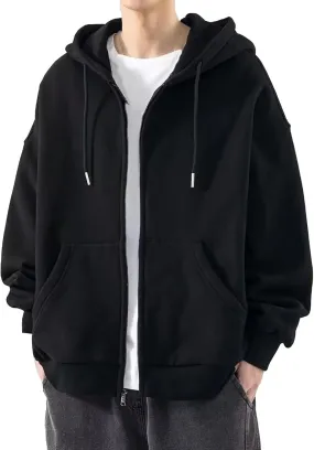 Men's Zip Up Hoodie Solid Colour Long Sleeve Casual Jacket Athletic Drawstring Hooded Sweatshirt Tops