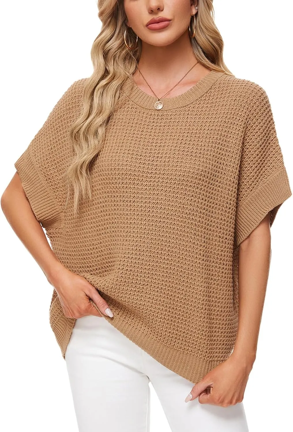MINTLIMIT Womens Batwing Short Sleeve Sweaters Loose Oversized Waffle Knit Pullover Sweater Top