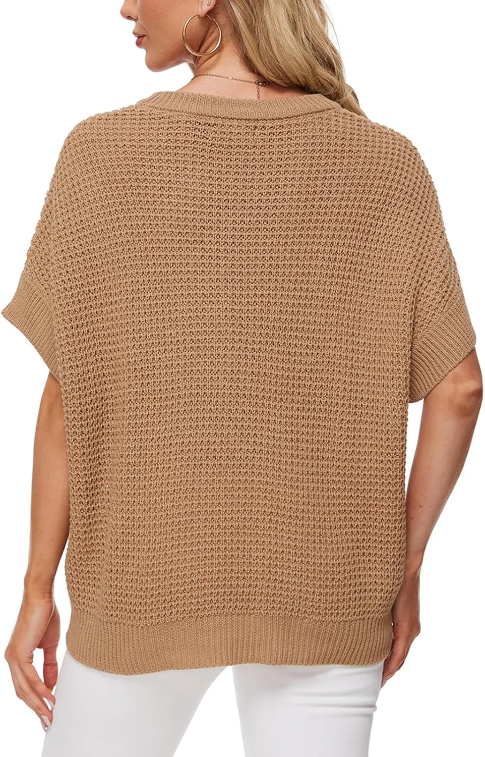 MINTLIMIT Womens Batwing Short Sleeve Sweaters Loose Oversized Waffle Knit Pullover Sweater Top