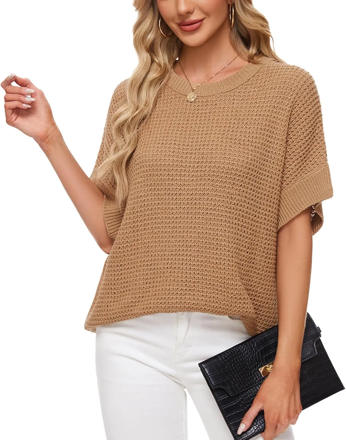 MINTLIMIT Womens Batwing Short Sleeve Sweaters Loose Oversized Waffle Knit Pullover Sweater Top